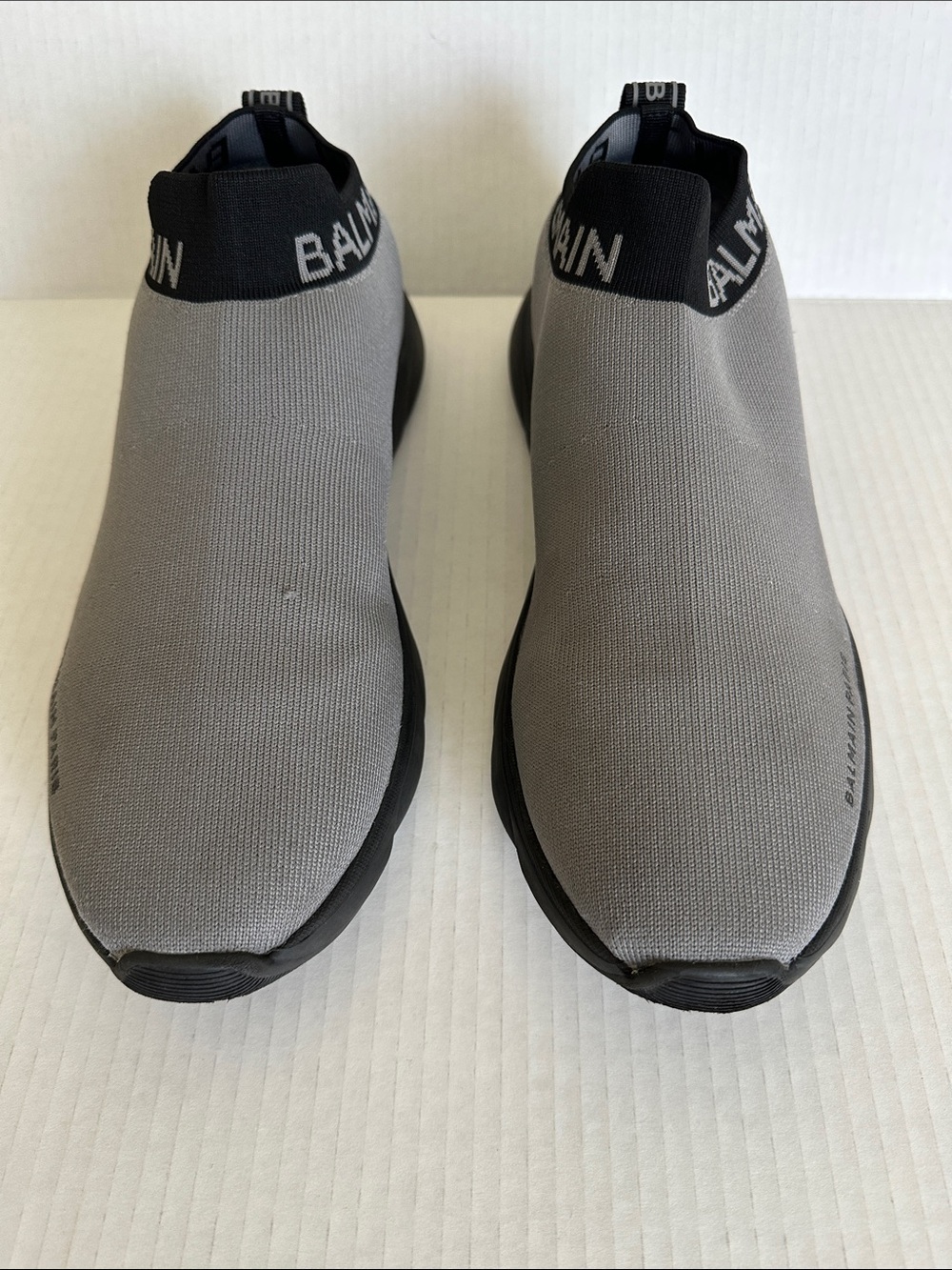 Balmain Grey Knit Slip-On Sock Sneakers with Black Collar Branding